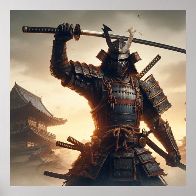 Poster Samurai Warrior em Armadura Escura com Luz Dramáti (Frente)