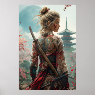 Poster Samurai woman warrior with katana — Japanese cultu