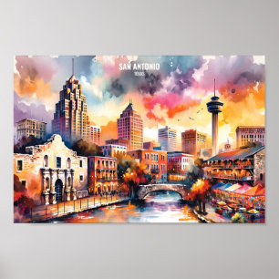 Poster San Antonio Texas USA Viagem coloca aquarela