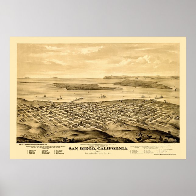 Pôster San Diego, CA Panorâmica Map - 1876 (Frente)