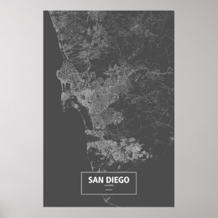 Pôster San Diego, Califórnia (branca no preto)