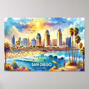 Poster San Diego California Viagem coloca aquarela