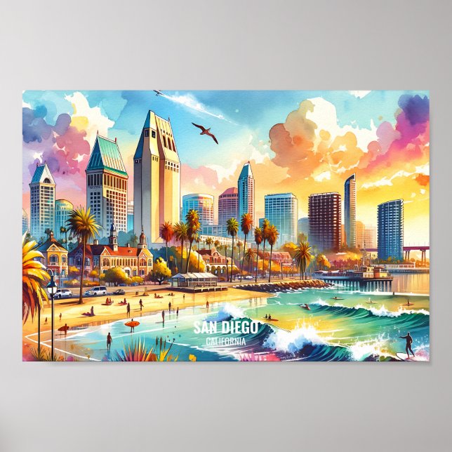 Poster San Diego California Viagem coloca aquarela (Frente)