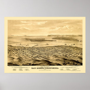 Pôster San Diego, mapa panorâmico de CA - 1876