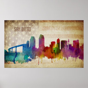 Poster San Diego, skyline da cidade da aguarela de CA  