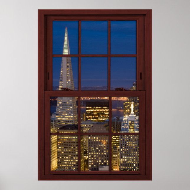 Pôster San Fran Skyline na Noite Faux Cherry Wood Window (Frente)