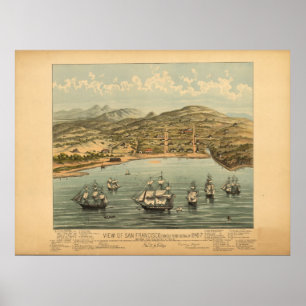 Poster San Francisco Cal. Mapa 1847 panorâmico antigo