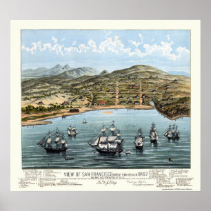 Poster San Francisco, mapa panorâmico de CA - 1847
