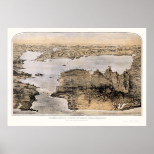 Pôster San Francisco, mapa panorâmico de CA - 1876