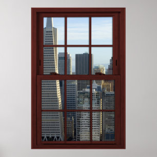 Pôster San Francisco Skyline Faux Cherry Wood Window