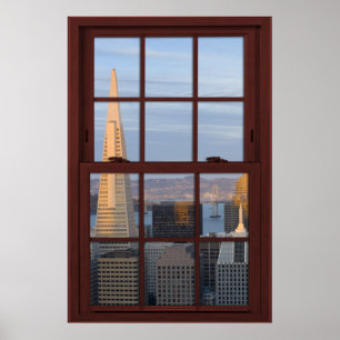 Pôster San Francisco Skyline Faux Cherry Wood Window