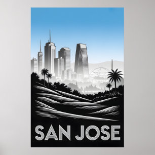Poster San Jose Califórnia Xilogravura Preto e Branco