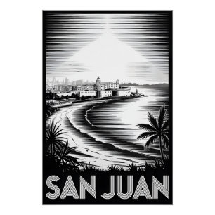 Pôster San Juan Porto Rico Xilogravura Preto Branco do Ho