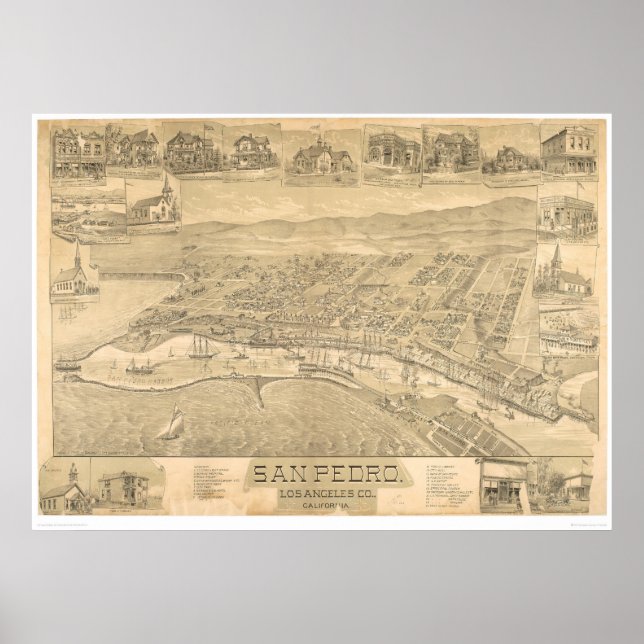 Pôster San Pedro, CA. Mapa Panorâmico 1895 (1319A) (Frente)