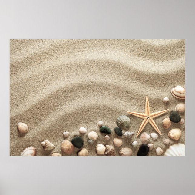 Pôster Sandy Beach Background With Shells And Starfish (Frente)
