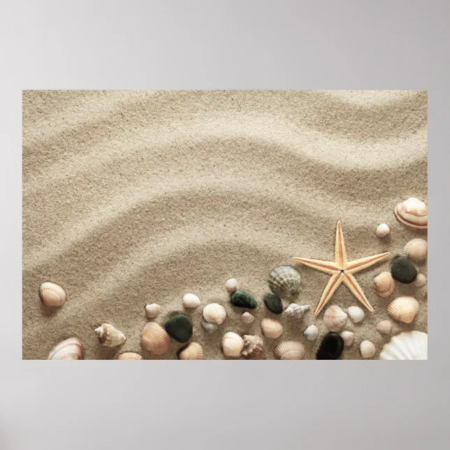 Pôster Sandy Beach Background With Shells And Starfish | Zazzle Brasil