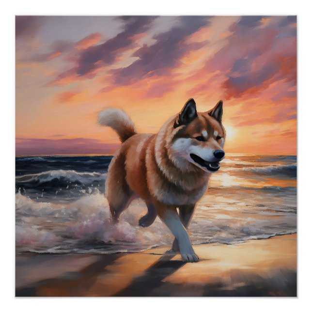 Pôster Sandy Paws Akita Dog em Beach Sunset (Frente)