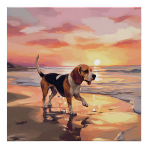 Pôster Sandy Paws Beagle Dog em Beach Sunset