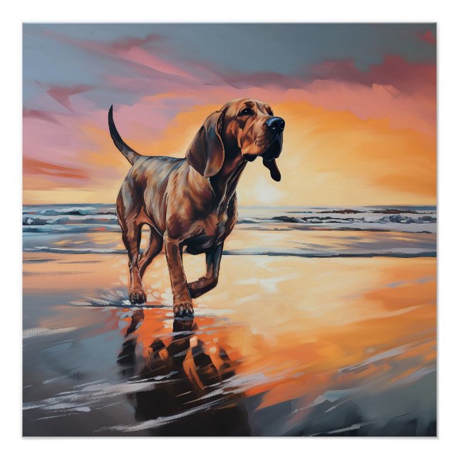 Pôster Sandy Paws Bloodhound Dog em Beach Sunset (Frente)