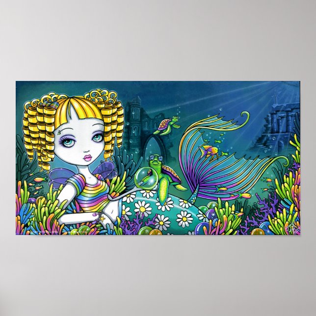 Poster "Sandy", "Rainbow Sea Turtle Mermaid Art Poster" (Frente)