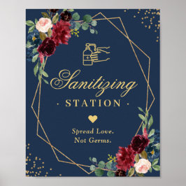 Poster Sanitizing Station Sign Gold Navy Burgundy Floral