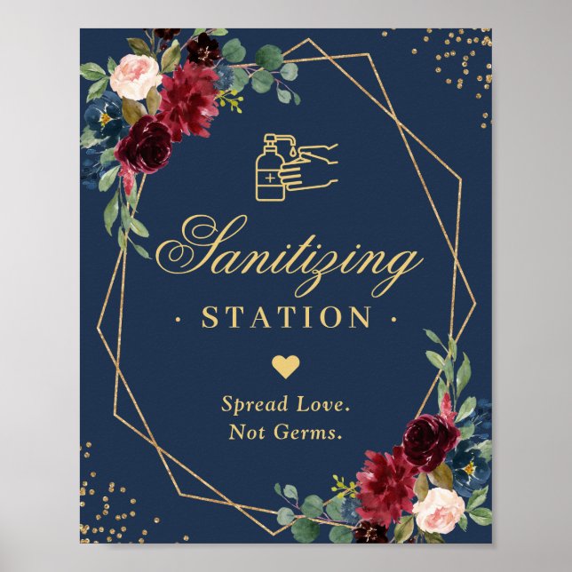 Poster Sanitizing Station Sign Gold Navy Burgundy Floral (Frente)