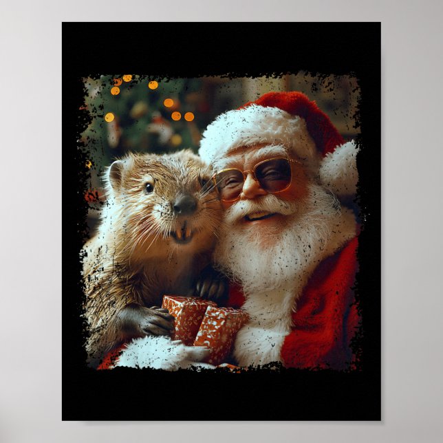 Poster Santa And Beaver Selfie Funny Christmas Design  (Frente)