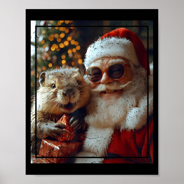 Poster Santa And Beaver Selfie Funny Christmas Design  (Frente)