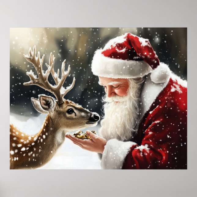 Poster Santa and Reindeer Christmas Wall Art (Frente)