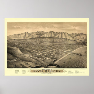 Poster Santa Barbara, mapa panorâmico de CA - 1877