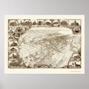 Pôster Santa Barbara, mapa panorâmico de CA - 1898