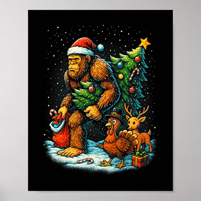 Poster Santa Bigfoot Christmas Tree Turkey Reindeer Thank (Frente)
