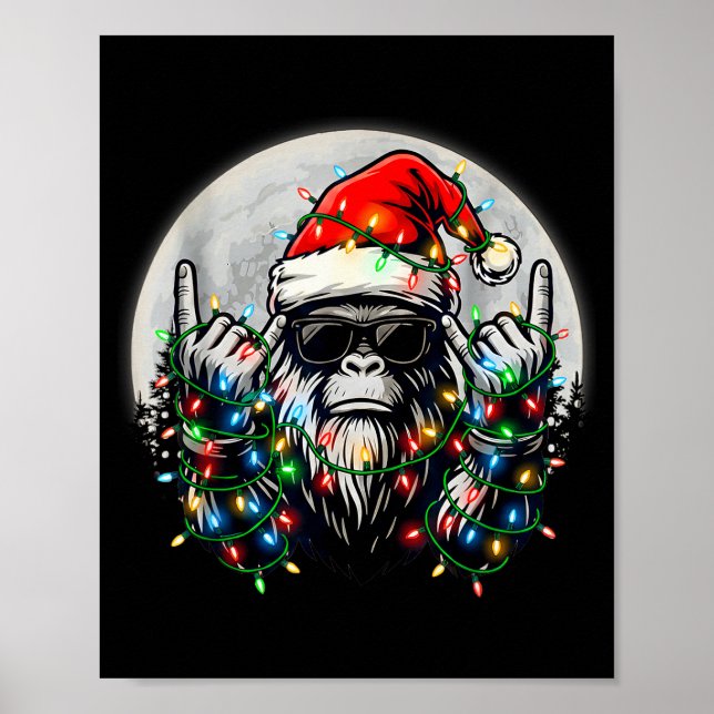 Poster Santa Bigfoot Christmas Tree Xmas Lights Funny Sas (Frente)