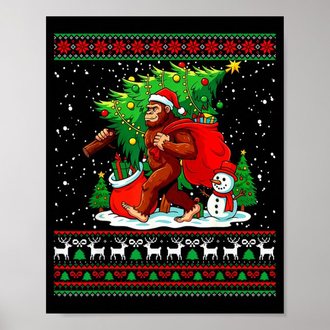 Poster Santa Bigfoot Christmas Tree Xmas Lights Funny Sas (Frente)