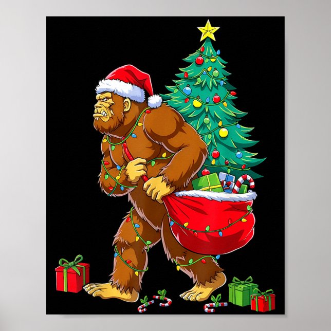 Poster Santa Bigfoot Christmas Tree Xmas Lights Funny Sas (Frente)