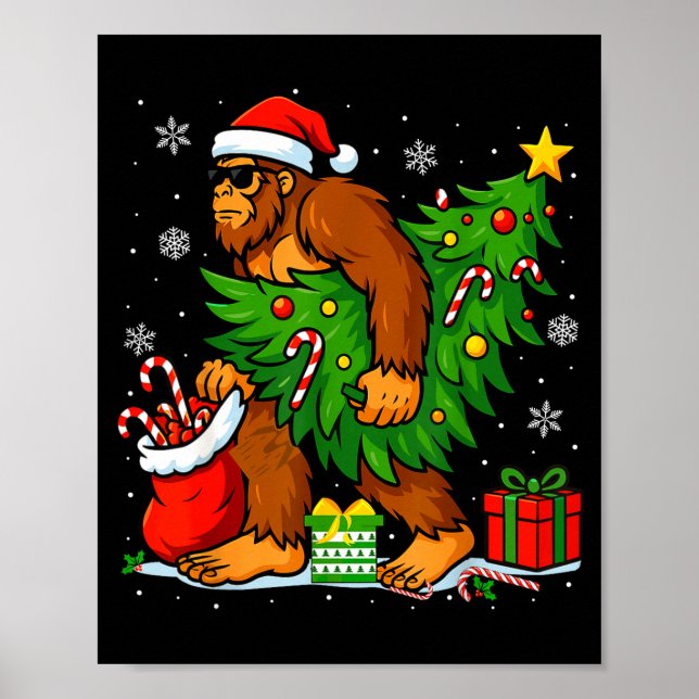 Poster Santa Bigfoot Christmas Tree Xmas Lights Funny Sas (Frente)