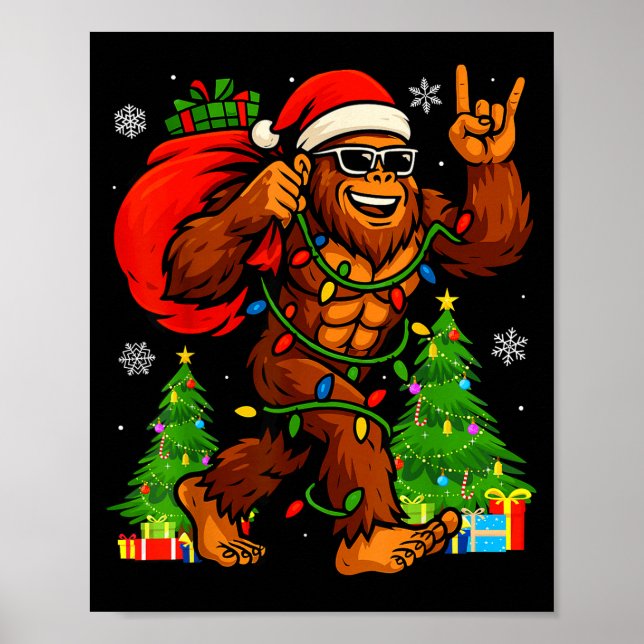 Poster Santa Bigfoot Christmas Tree Xmas Lights Funny Sas (Frente)