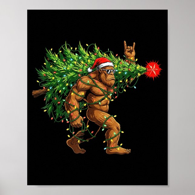 Poster Santa Bigfoot Christmas Tree Xmas Lights Funny Sas (Frente)