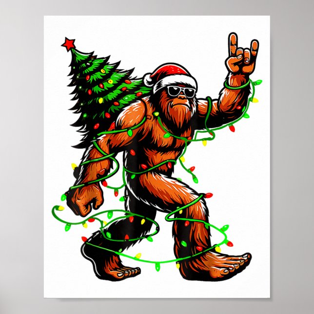 Poster Santa Bigfoot Christmas Tree Xmas Lights Funny Sas (Frente)