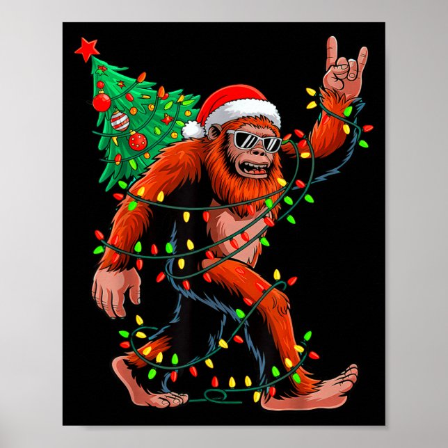 Poster Santa Bigfoot Christmas Tree Xmas Lights Sasquatch (Frente)