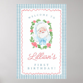 Poster Santa Birthday Sign with Blue Gingham and Roses