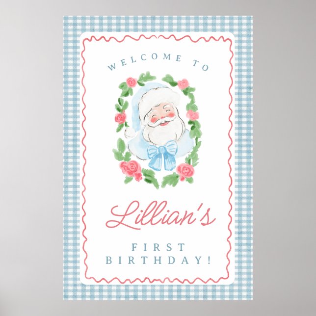 Poster Santa Birthday Sign with Blue Gingham and Roses (Frente)