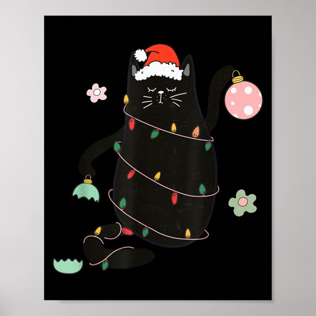 Poster Santa Black Cat Tangled Up In Christmas Tree Light (Frente)