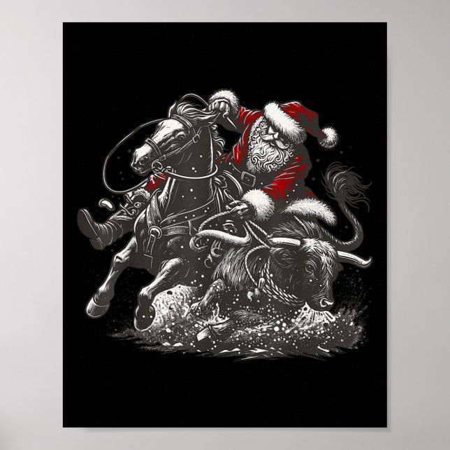 Poster Santa Bulldogging Christmas Cowboy Santa Rodeo Xma (Frente)