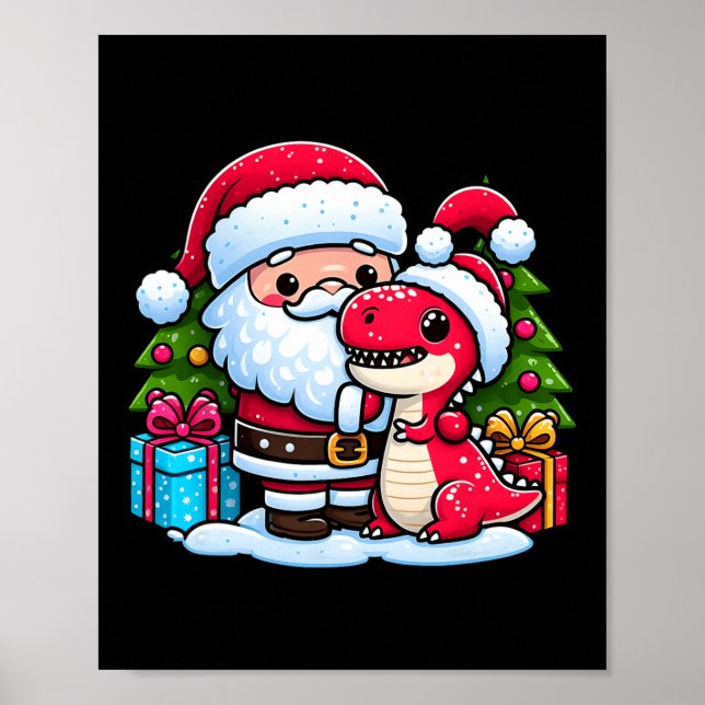Poster Santa Claus Abraça T Rex Dinossauro Festa de Natal (Frente)