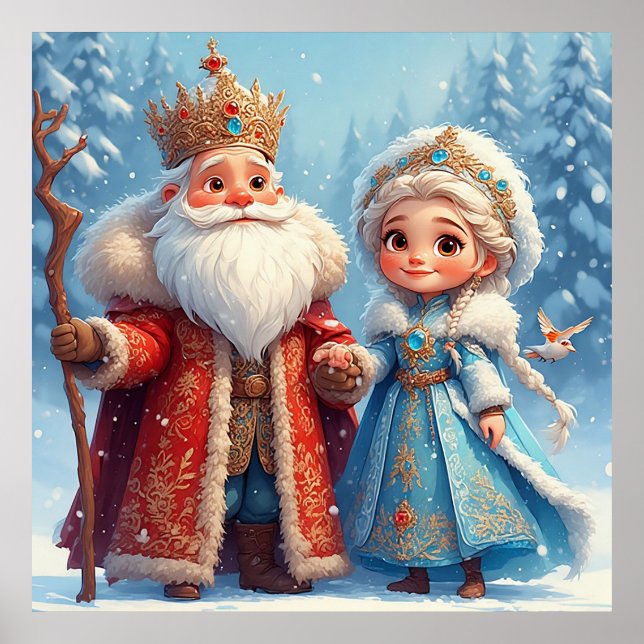 Poster Santa Claus e Neve Maiden celebrando o Natal (Frente)