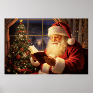 Poster Santa Claus Lendo pela Árvore de Natal