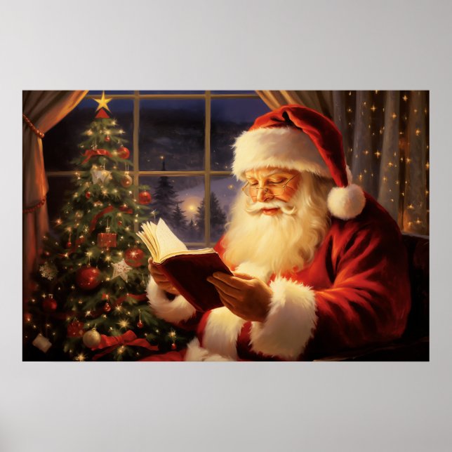 Poster Santa Claus Lendo pela Árvore de Natal (Frente)