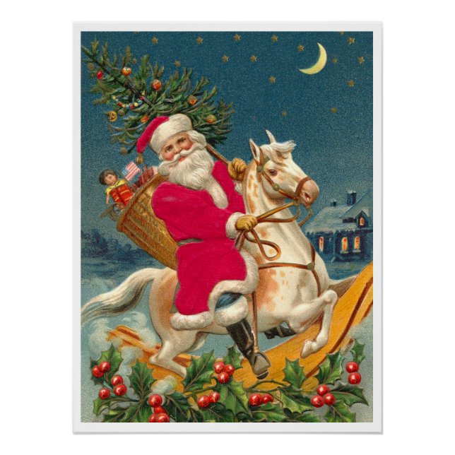 Pôster Santa Claus on a wooden horse (Frente)