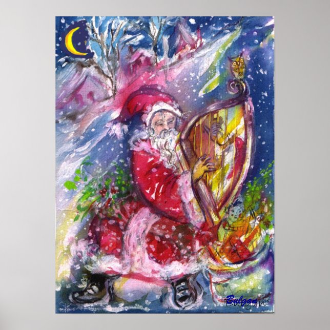 Pôster SANTA CLAUS PLAYING HARP IN MOONLIGHT Christmas (Frente)